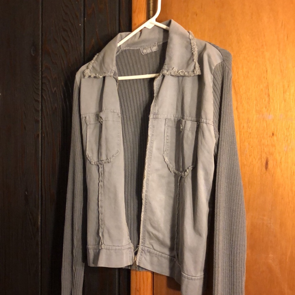 Distressed Zip jacket with stretch sweater sleeves